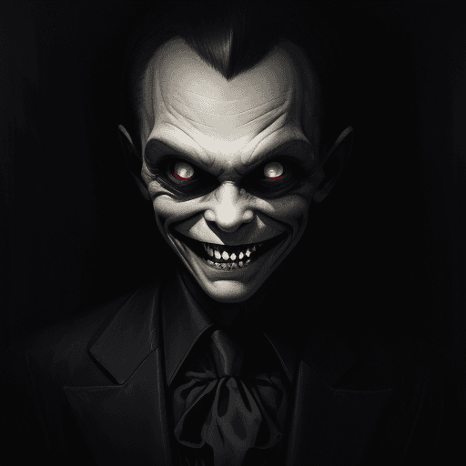 AI generated: A picture with a sinister smile, lingering, in the dark, 10k