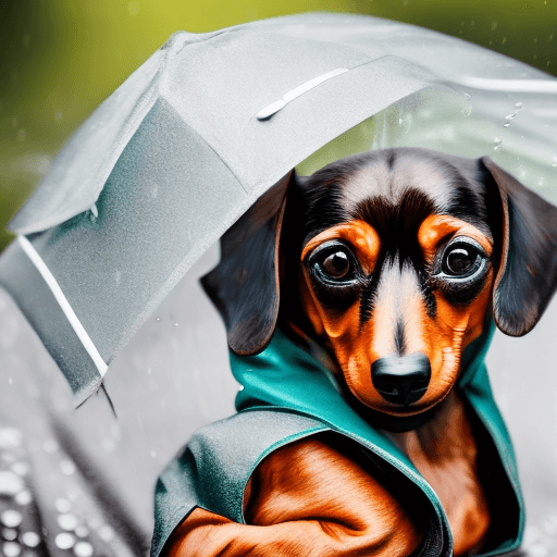 AI generated: glamour shot of a mini dachshund in a rain coat, 6 different playful poses