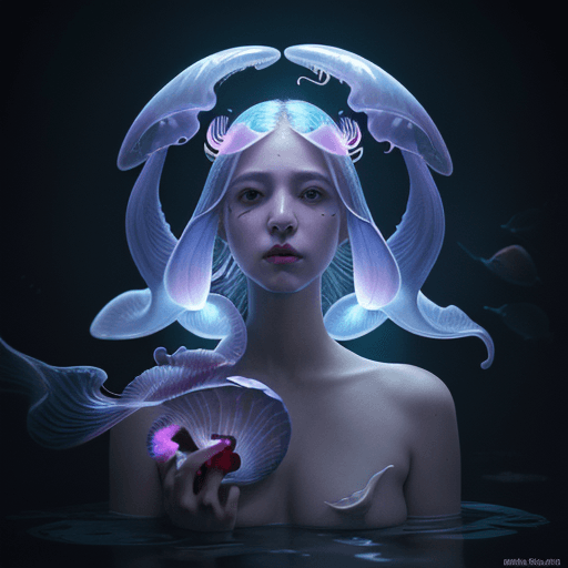 AI generated: Eid mubarak portrait ribcagel. jellyfish phoenix head, nautilus, orchid, skull, betta fish, biolumin...