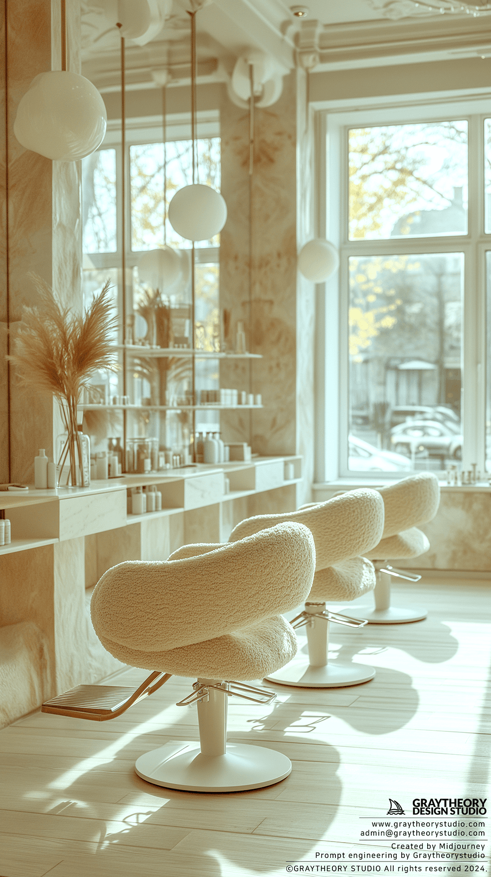 AI generated: minimalist hair salon, filled with natural light on a sunny city morning, white-washed oak floors an...