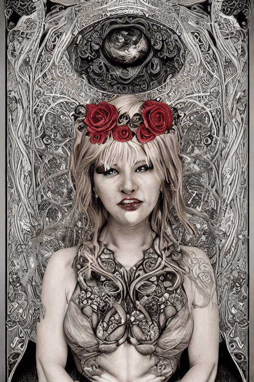 AI generated: blonde girl in a cosmic dress, full-body tattoos, ornate, rococo, grotesque, zbrush art, majestic, o...