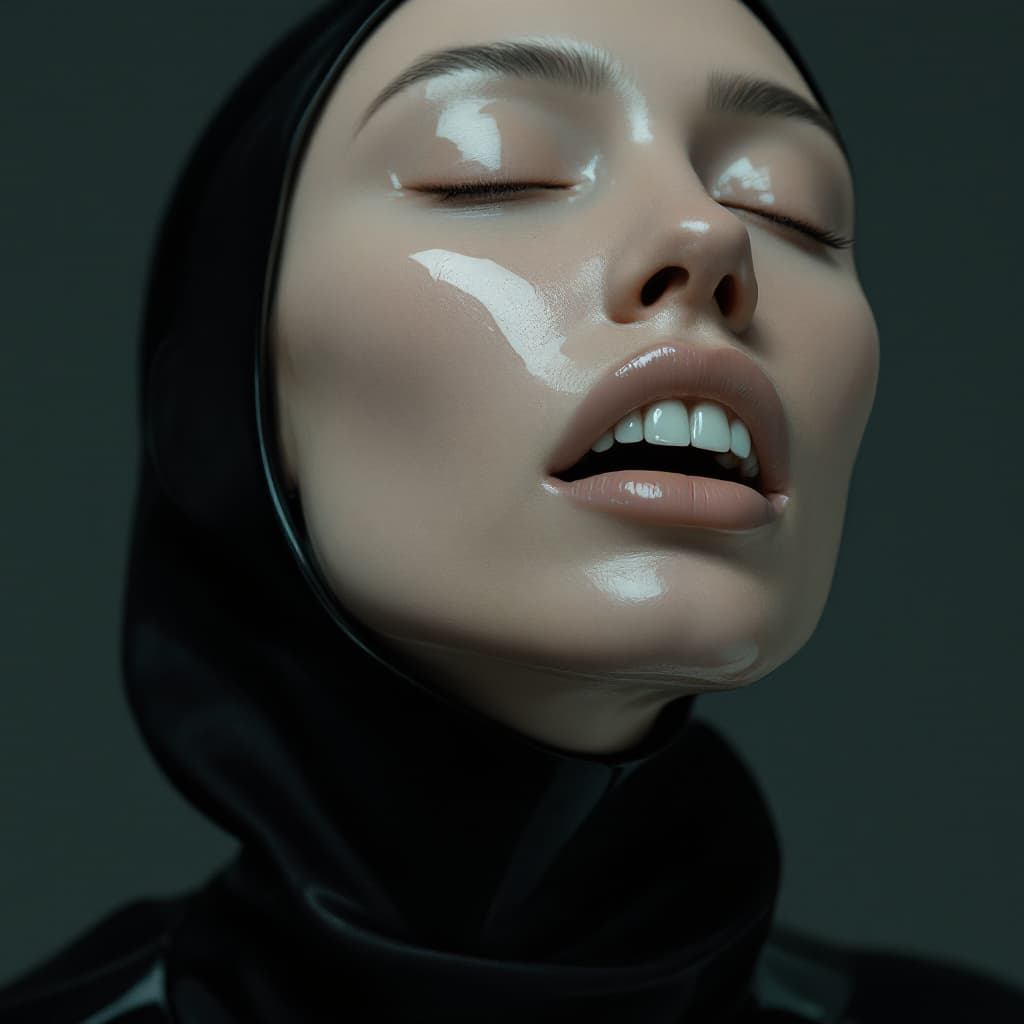 AI generated: A woman with a large jaw and white teeth, in the style of futuristic minimalism, restrained forms, d...