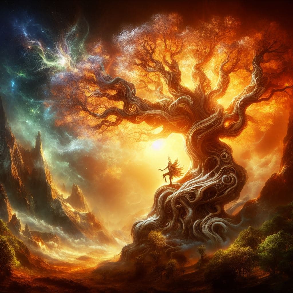 AI generated: epic, surreal image of the tree of life, mythology, incredibly beautiful, Nordic, creature