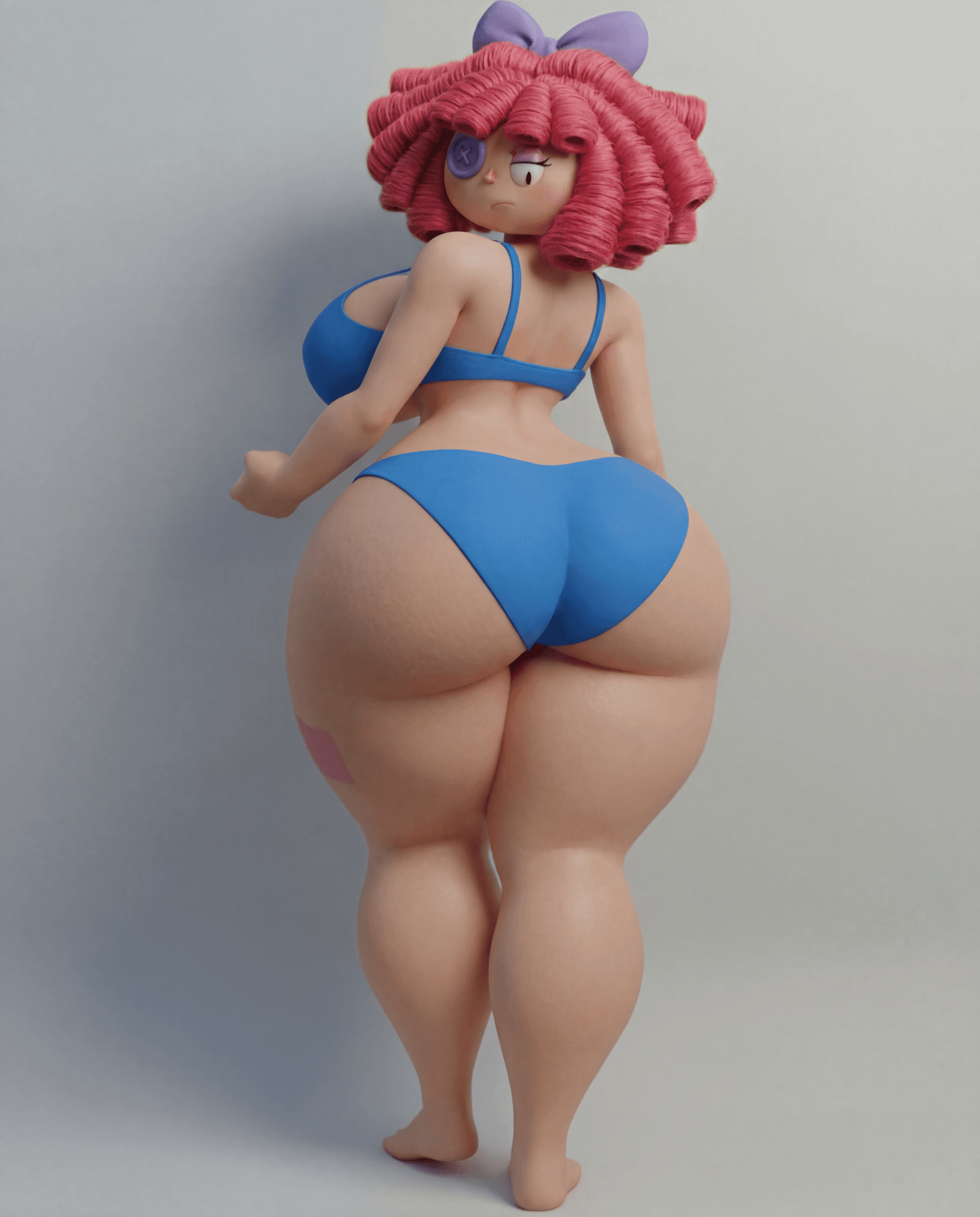 AI generated: Make her breasts exaggeratingly huge and thick and prominent, her thighs exaggeratingly huge and thi...