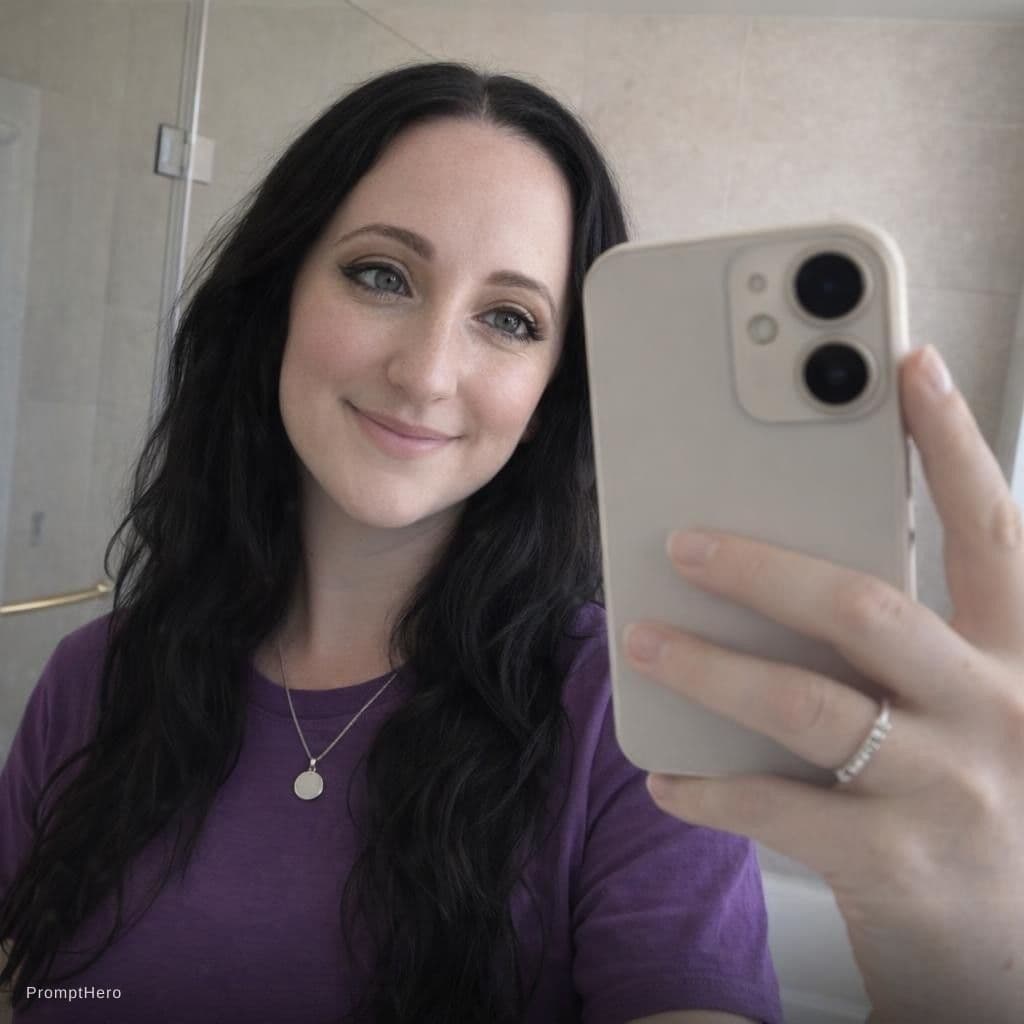 AI generated: Create an ultra-photorealistic horizontal (landscape) mirror selfie of a young adult woman inside a ...