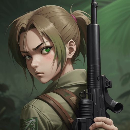 AI generated: a girl holding a gun in her hand, in the style of anime art, light brown and green, strong facial ex...