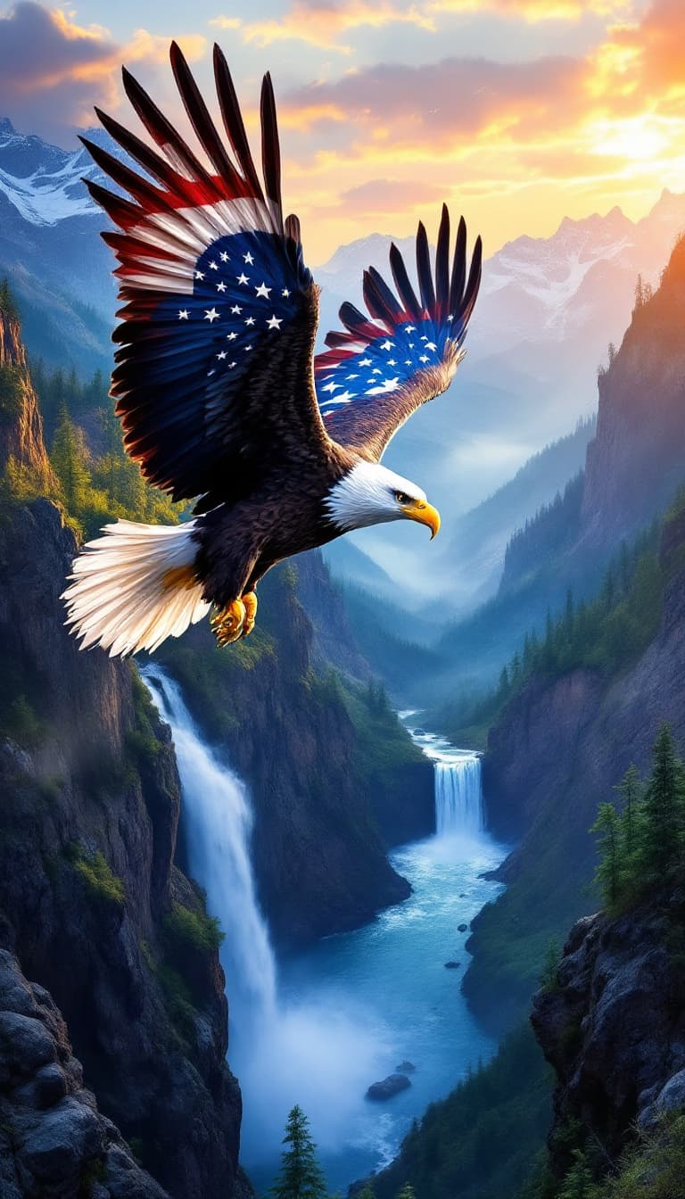 AI generated: A bald eagle soaring above a waterfall cascading into the mountain valley below. The eagles feathers...