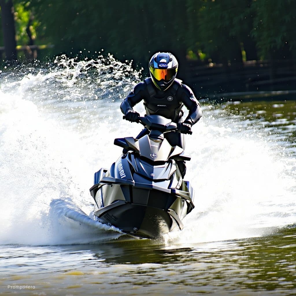 AI generated: photography, sports shooting, dynamic range, dynamic motion with yamaha fx svho jetski black in colo...