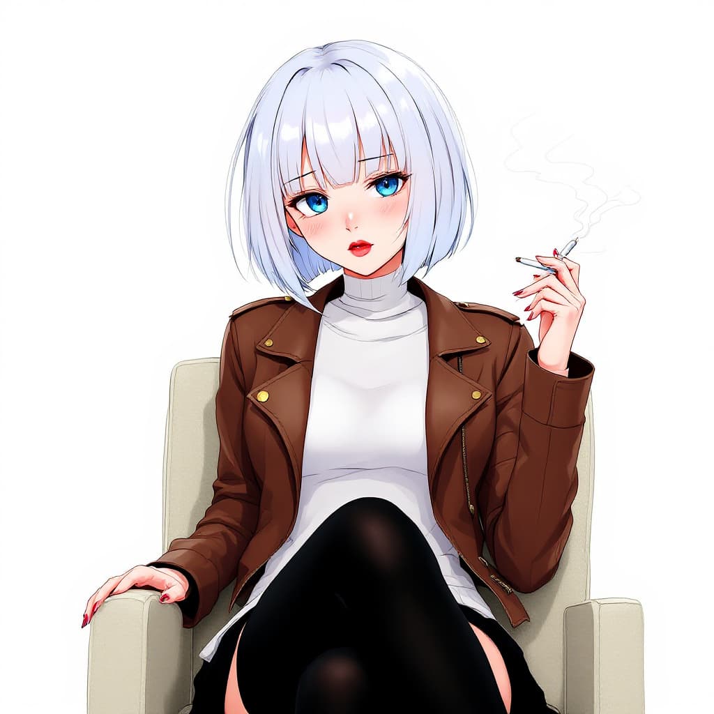 AI generated: anime, woman, white hair, bob cut, blue eyes, freckles, red lips, bored expression, brown leather ja...