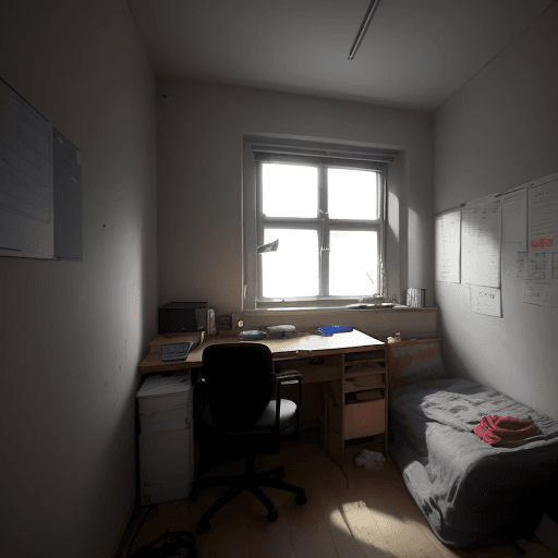 AI generated: A claustrophobic student room with only one candle glowing, bed and desk, Some moving cardboard boxe...