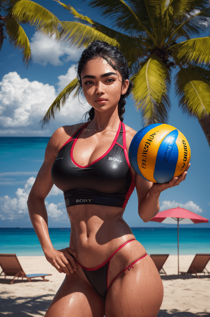 AI generated: (masterpiece, RAW photo, best quality), a gorgeous girl playing beach volleyball, intricate, detaile...