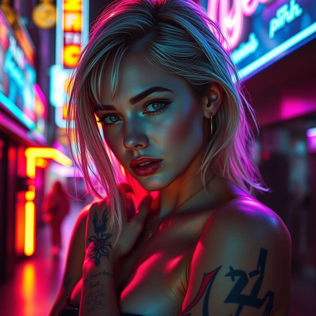 AI generated: cyberpunk blonde heroine freezes in a dance in the light of a neon strobe light. This image, whether...