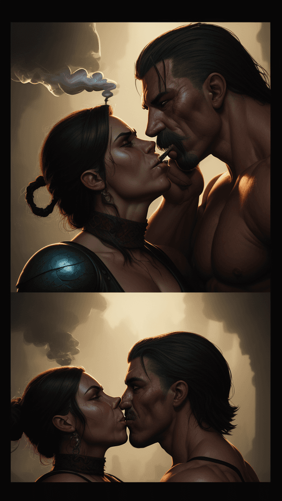 AI generated: portrait of a muscular two people kissing each other, torment, realistic shaded lighting poster, mag...