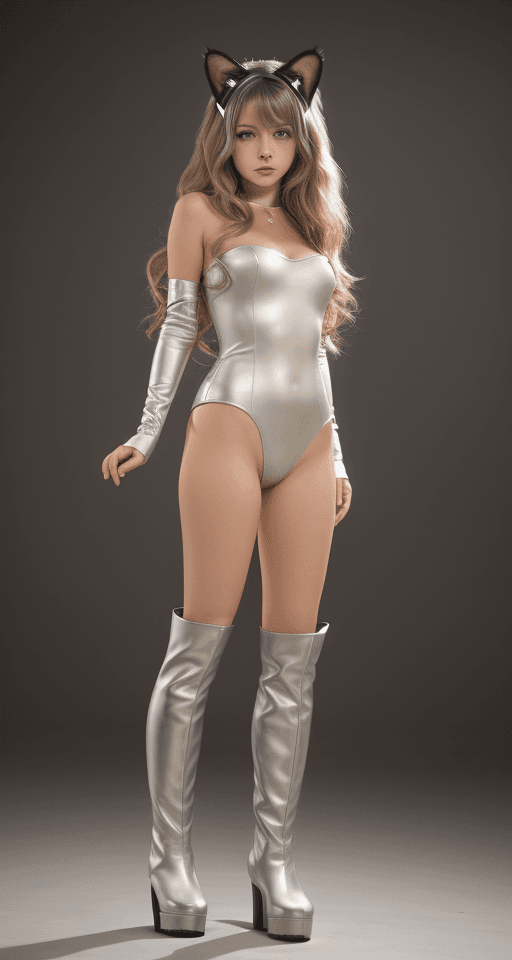 AI generated: Short Young lady, long light beige wavy hair, dark eyes, cat ears, wide hips, silver boots, spotligh...