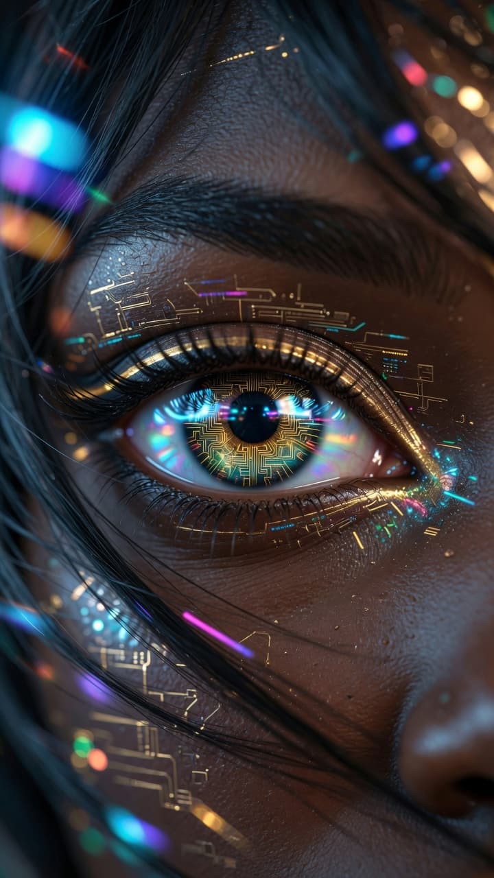 AI generated: "Extreme close-up front-facing macro portrait of a futuristic dark-skinned woman's eye, photographed...