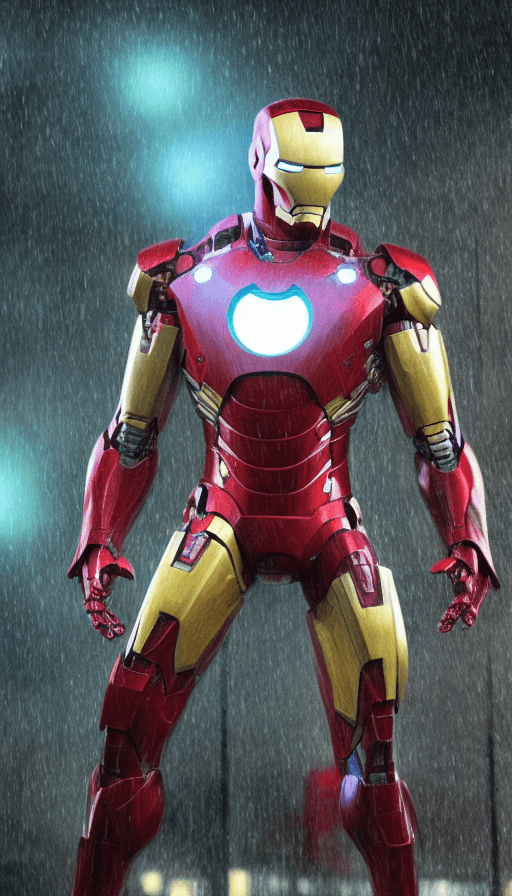 AI generated: masterpiece, concept art,  highly detailed, centred, Iron Man standing in the rain,  cyberpunk art s...