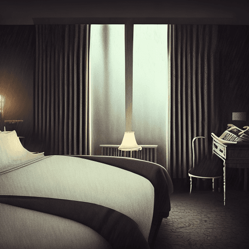 AI generated: old hotel room, dark colors, candle light, dark, raining outside, thunder