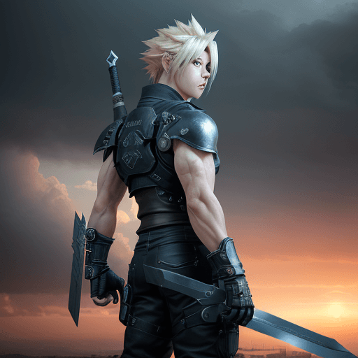 AI generated: Photo of a ultra realistic cloud strife whole body, dramatic light, pale sunrise, cinematic lighting...
