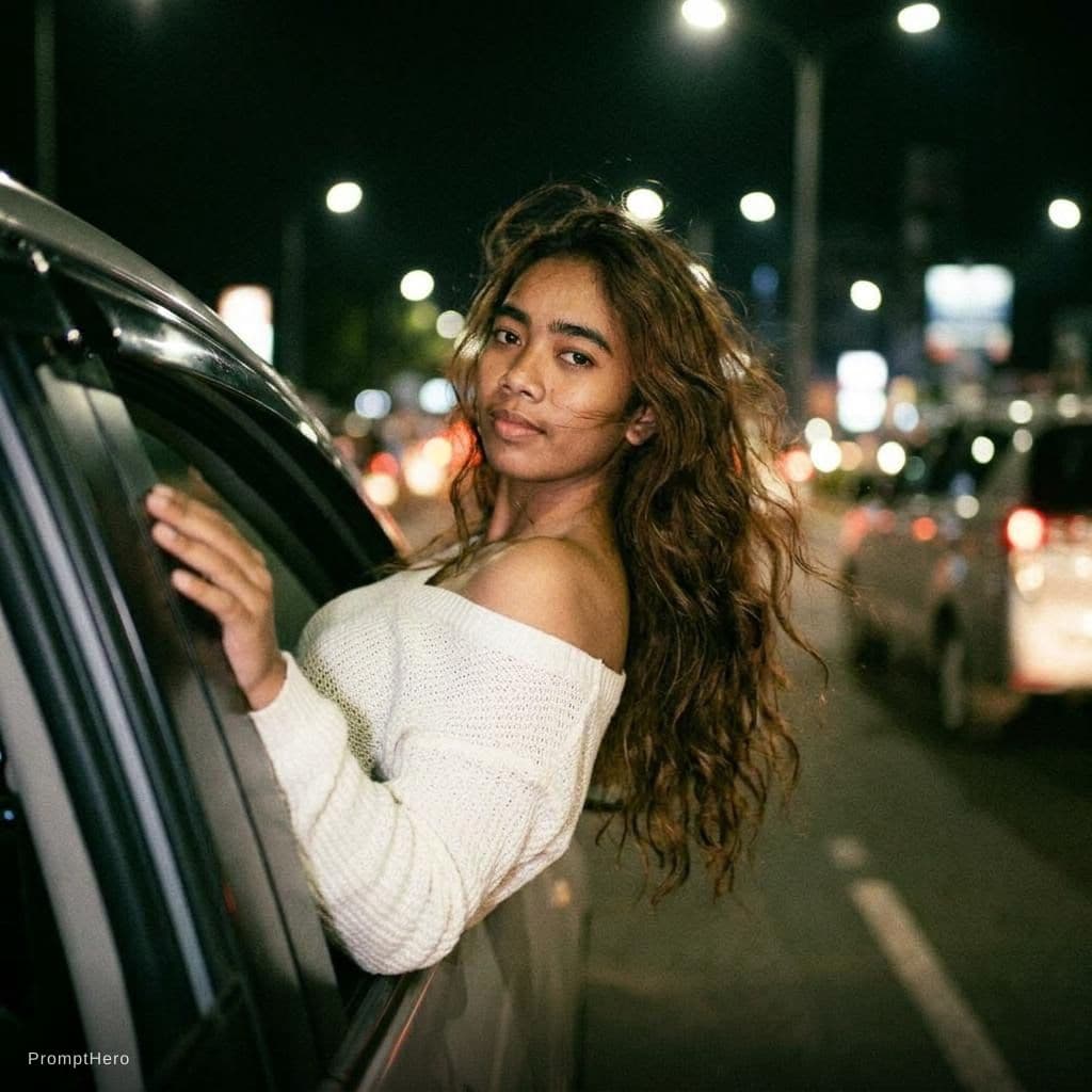 AI generated: Create a photo of me leaning my back out the window car like a dark dreamy blurry vintage windy

n...