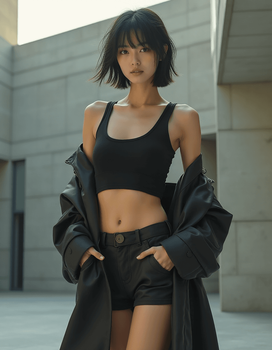 AI generated: High fashion photo of a slim, small breast, flat chest, abs, young asian female supermodel, with sho...