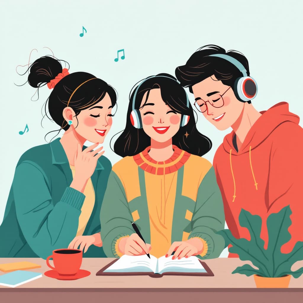 AI generated: A flat illustration of 2 asian women and 1 asian man happily studying about sound waves , the sound ...