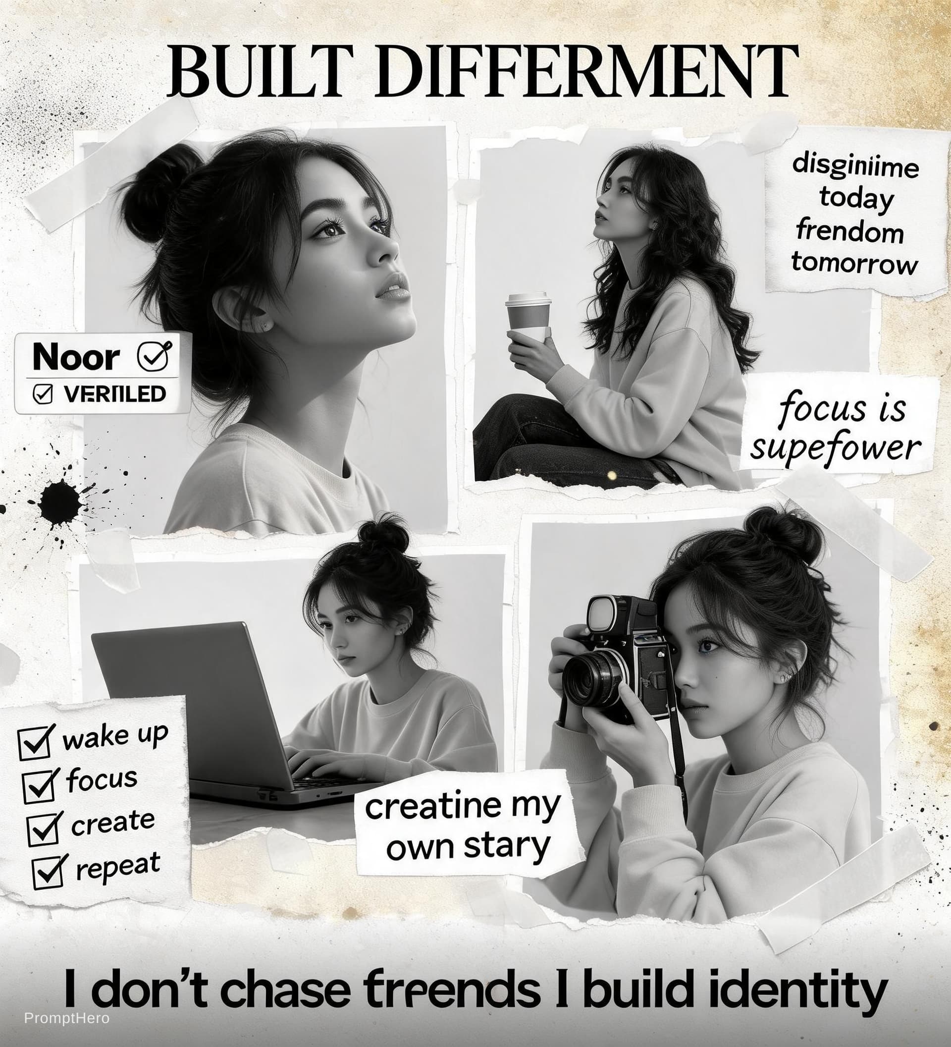 AI generated: A bold, editorial-style digital collage in a monochrome white and beige theme with subtle warm highl...