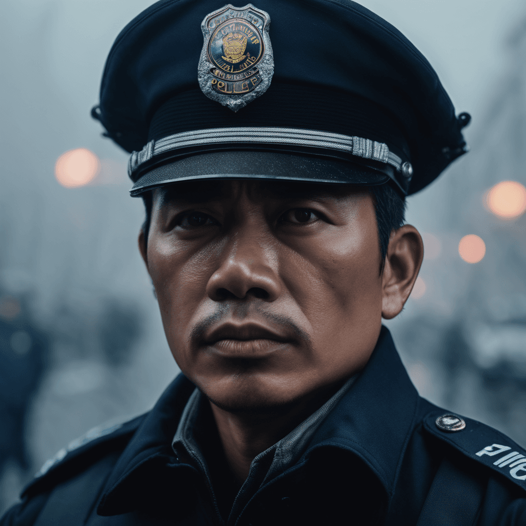 AI generated: A dramatic 4K close-up of a Filipino police officer in the winter, featuring a determined expression...