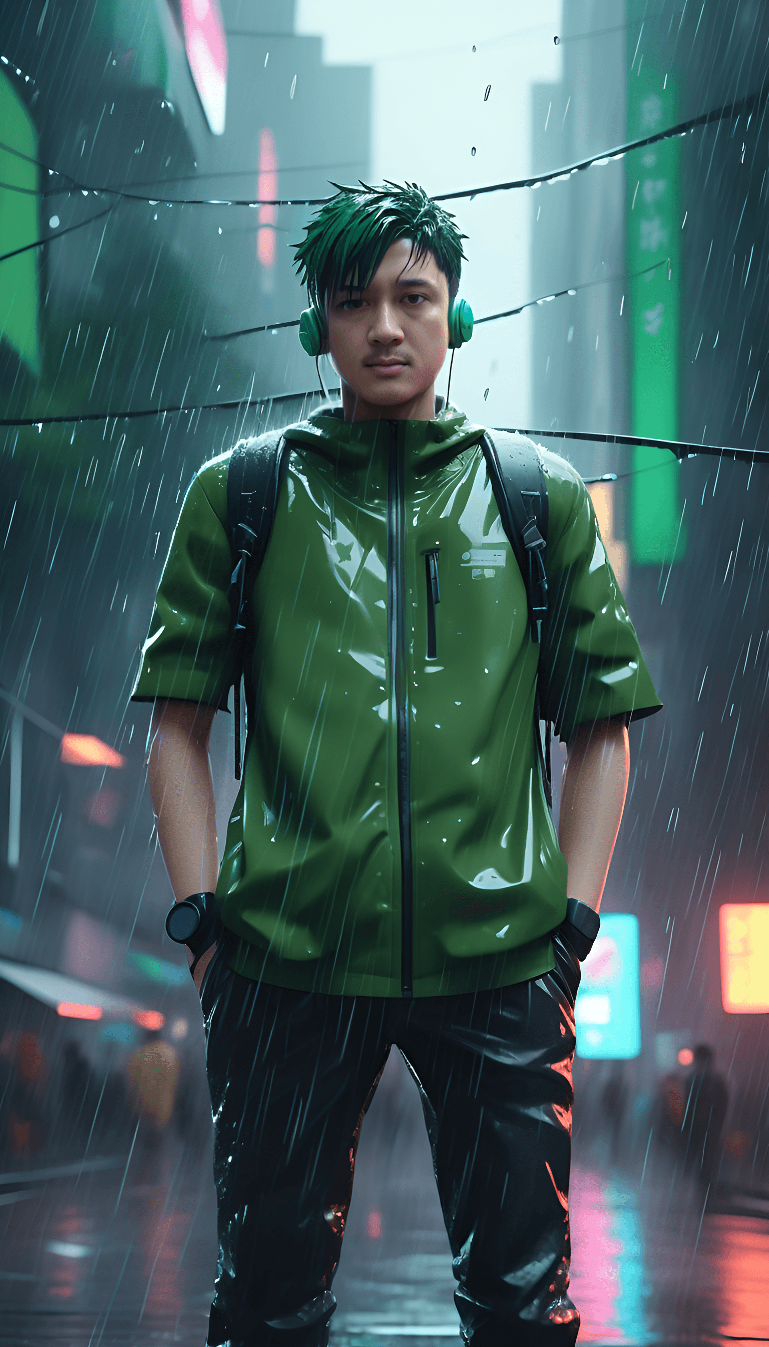 AI generated: a close up of a person with a backpack in the rain, cyberpunk art, pixiv, render of a cute 3d anime ...