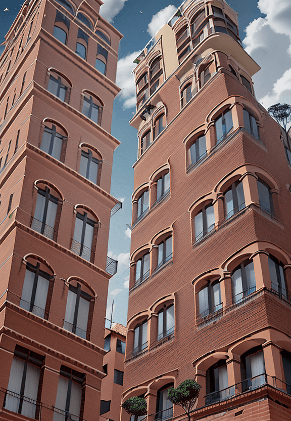 AI generated: towers of five-story residential buildings separated with brick facade and located in a neighborhood...