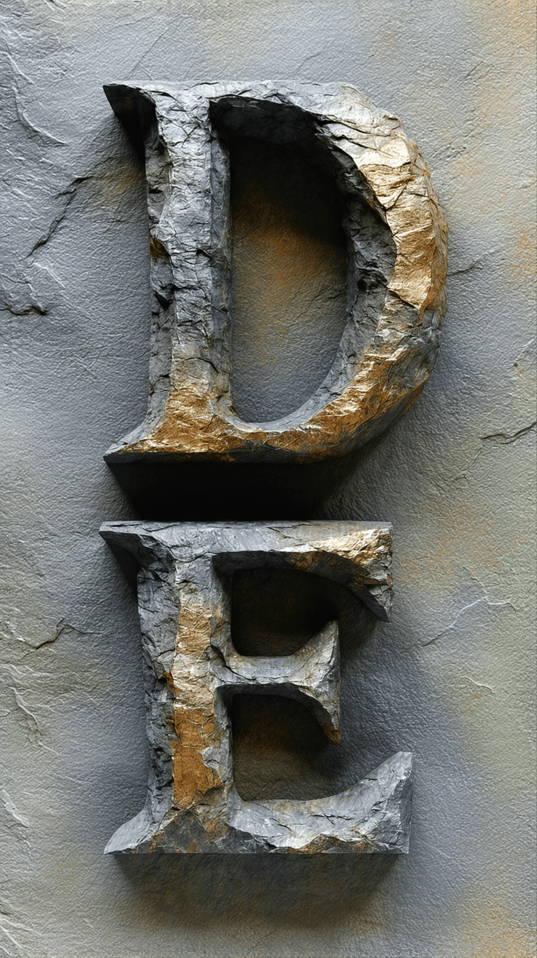 AI generated: Macro view of three ultra-realistic rocks, each sculpted into a distinct Gothic-style letter: “D”, “...