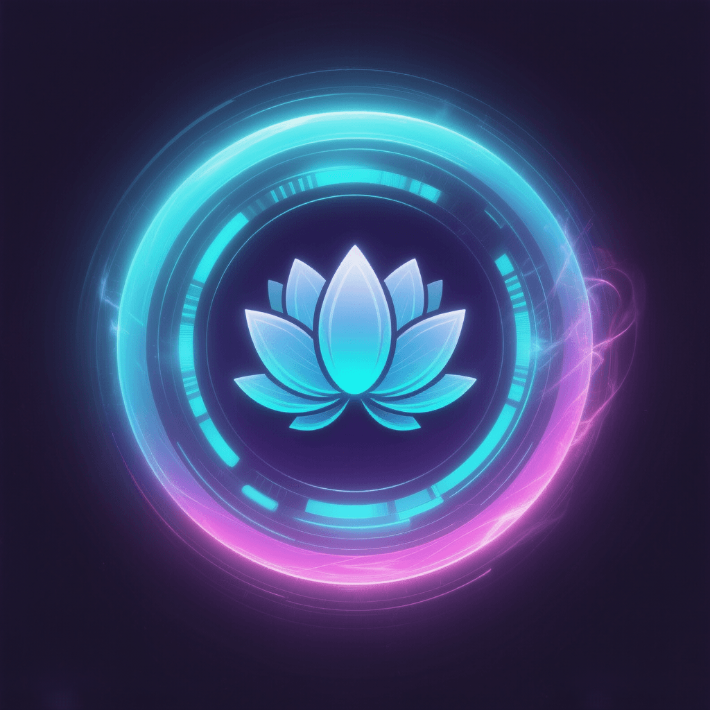 AI generated: circular glowing button design, stylized lotus flower at center in cyan #00D4FF, 
dark purple #2A1B5...
