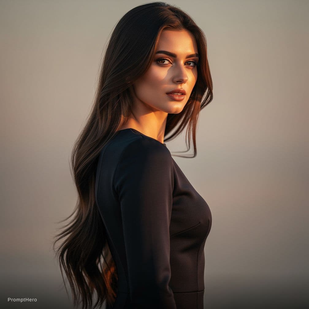 AI generated: stunning brunette woman with long hair, curvy figure, big boobs