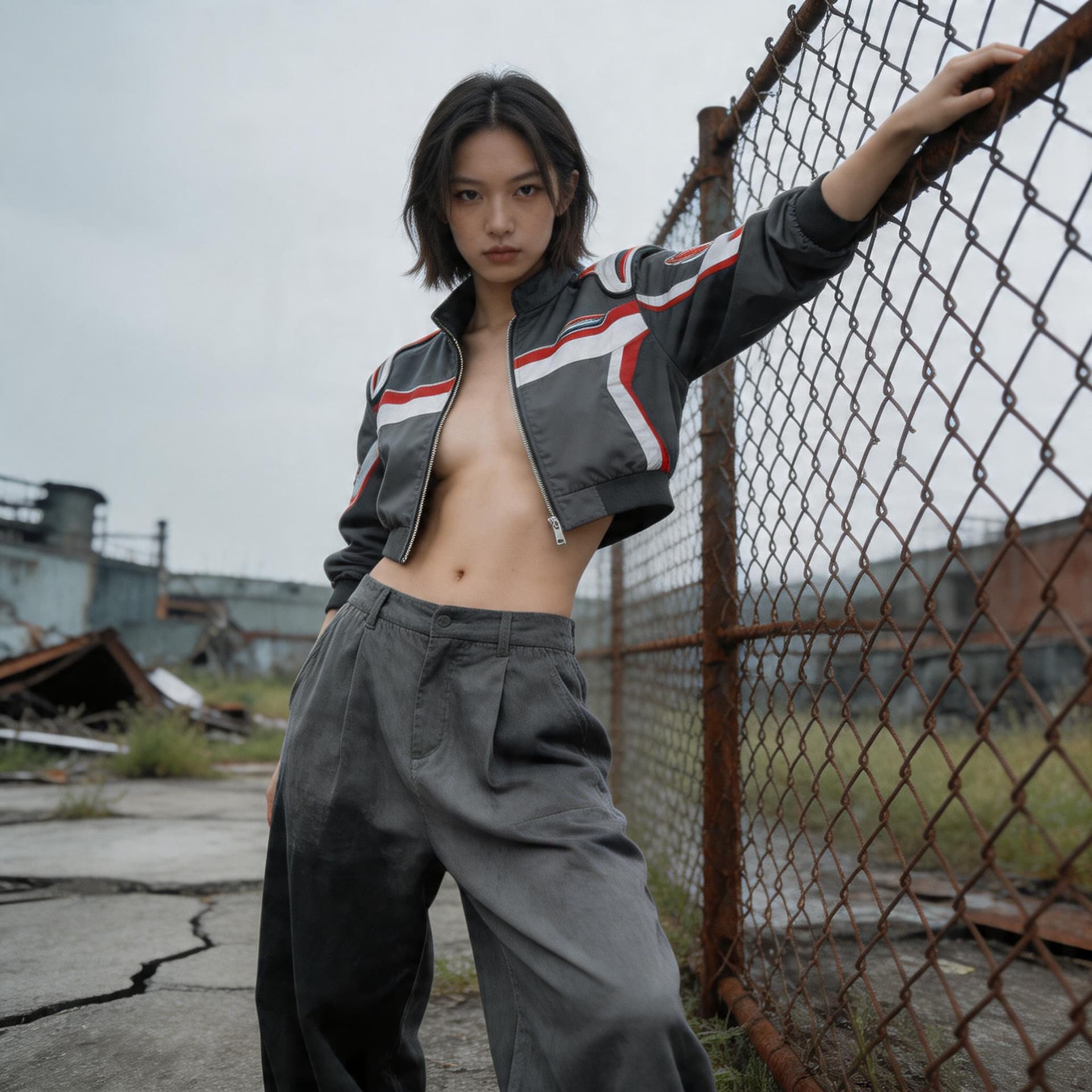 AI generated: Fashion photo of a Female model with boyish silhouette wearing cropped racing jacket and wide-leg pa...