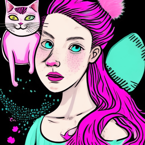 AI generated: Girl with vibrant pink hair. The illustration should be executed in the distinctive Flat shading sty...