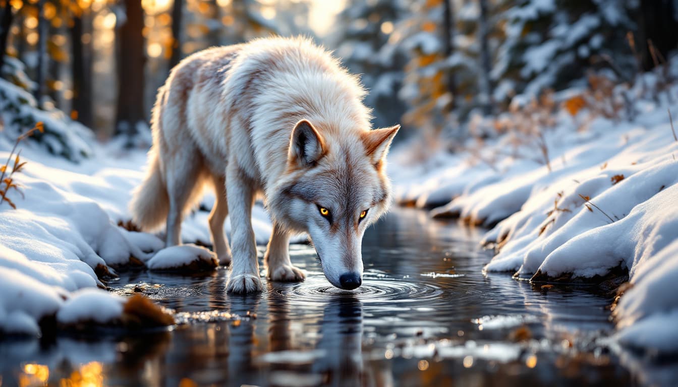 AI generated: A realistic, wide angle photo of a majestic white and red wolf gracefully bending down to drink from...