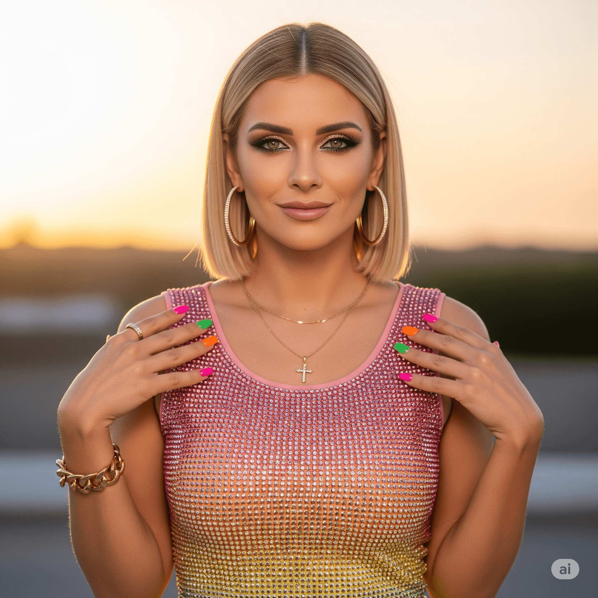 AI generated: She is wearing a sleeveless, form-fitting mini-dress that is covered in rhinestones. The dress featu...
