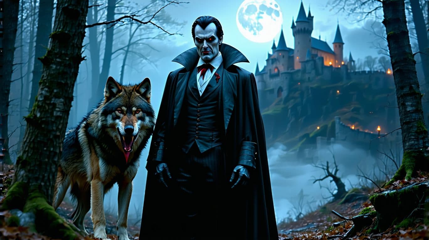 AI generated: highly detailed, realistic, Count Dracula, tall, full body, scary looking, powerfully build, huge fa...