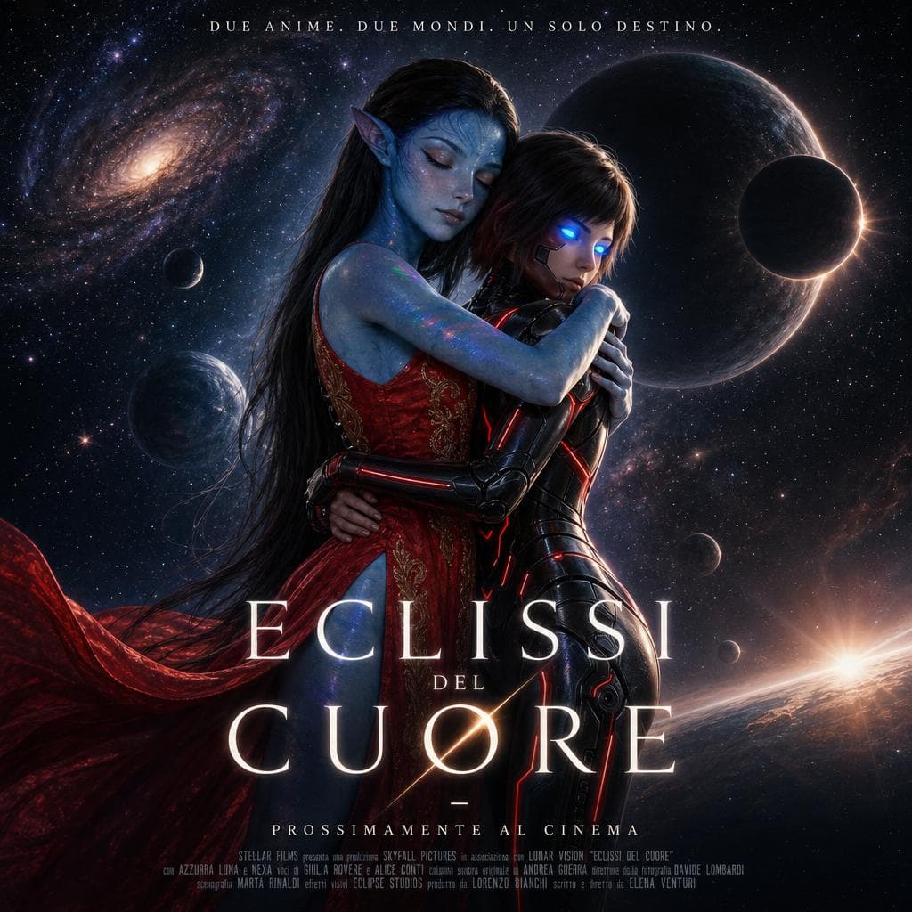 AI generated: Make a movie poster in 16.9 with these two characters hugging in space with galaxies and planets. Ti...