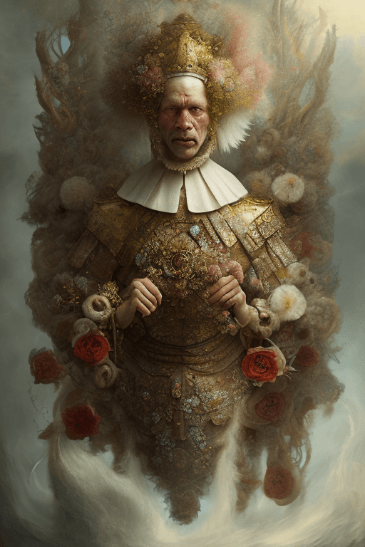 AI generated: digital oil painting of bleeding meat veil on the silk of seas and arctic flowers, rembrandt style, ...