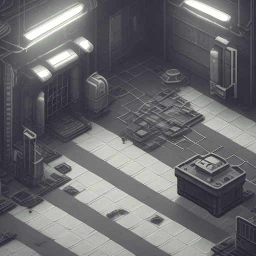 AI generated: top down isometric game asset of a gloomy corridor in a dark spaceship, abandoned, post-apocalyptic ...