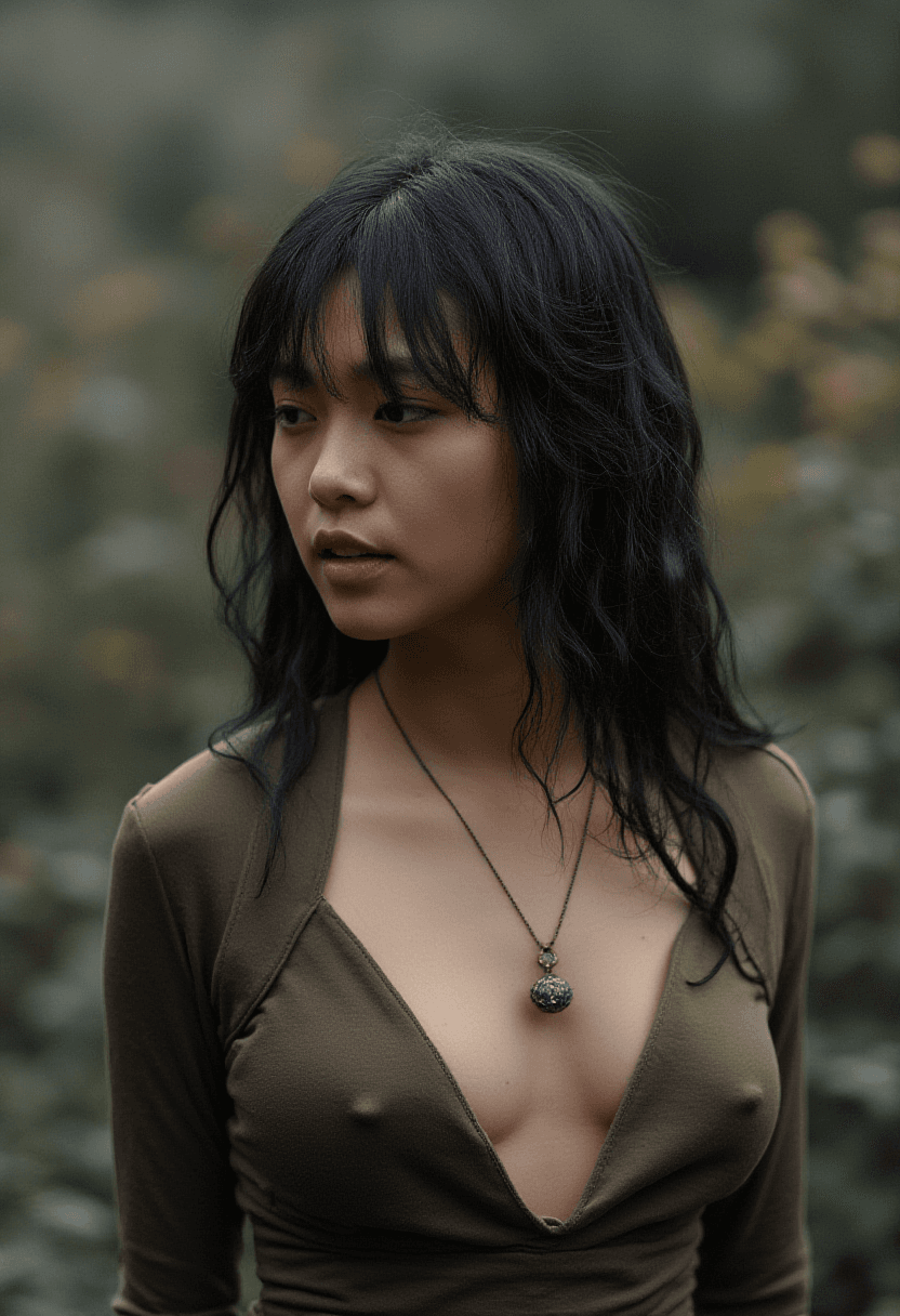 AI generated: A 28-year-old woman stands in a shallow depth of field, her dark hair styled in loose waves that cas...