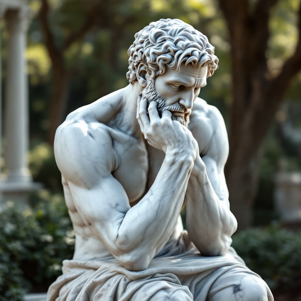 AI generated: full body view: A detailed marble statue of the Thinking Man, with intricate carvings and lifelike f...