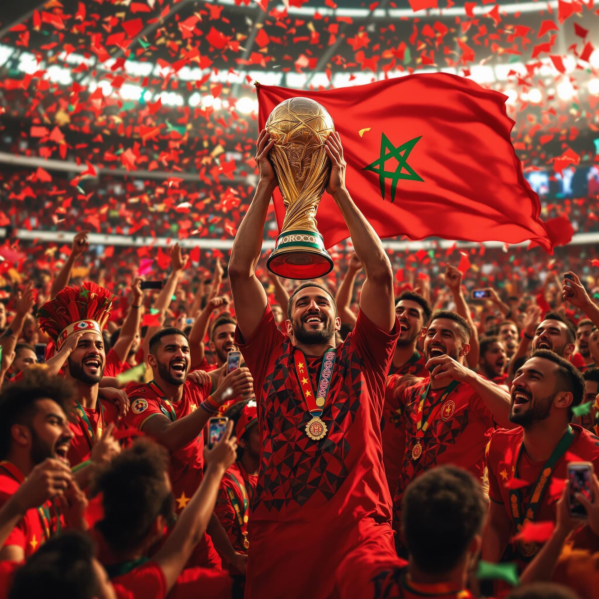 AI generated: National Moroccan Team of Football wining the World cup 2030 in Morocco with vibrant and huge happy ...