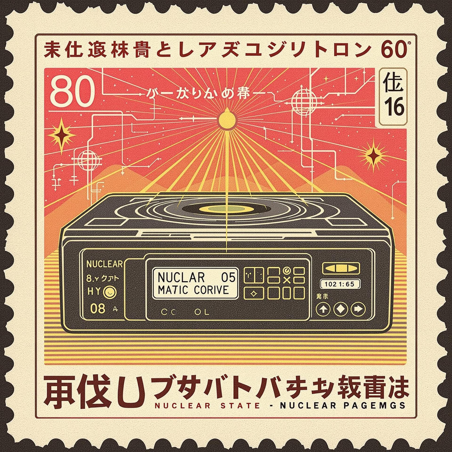 AI generated: stamp style, retro VCR player for mystical future laser solid state hard drive hardware, quantum com...