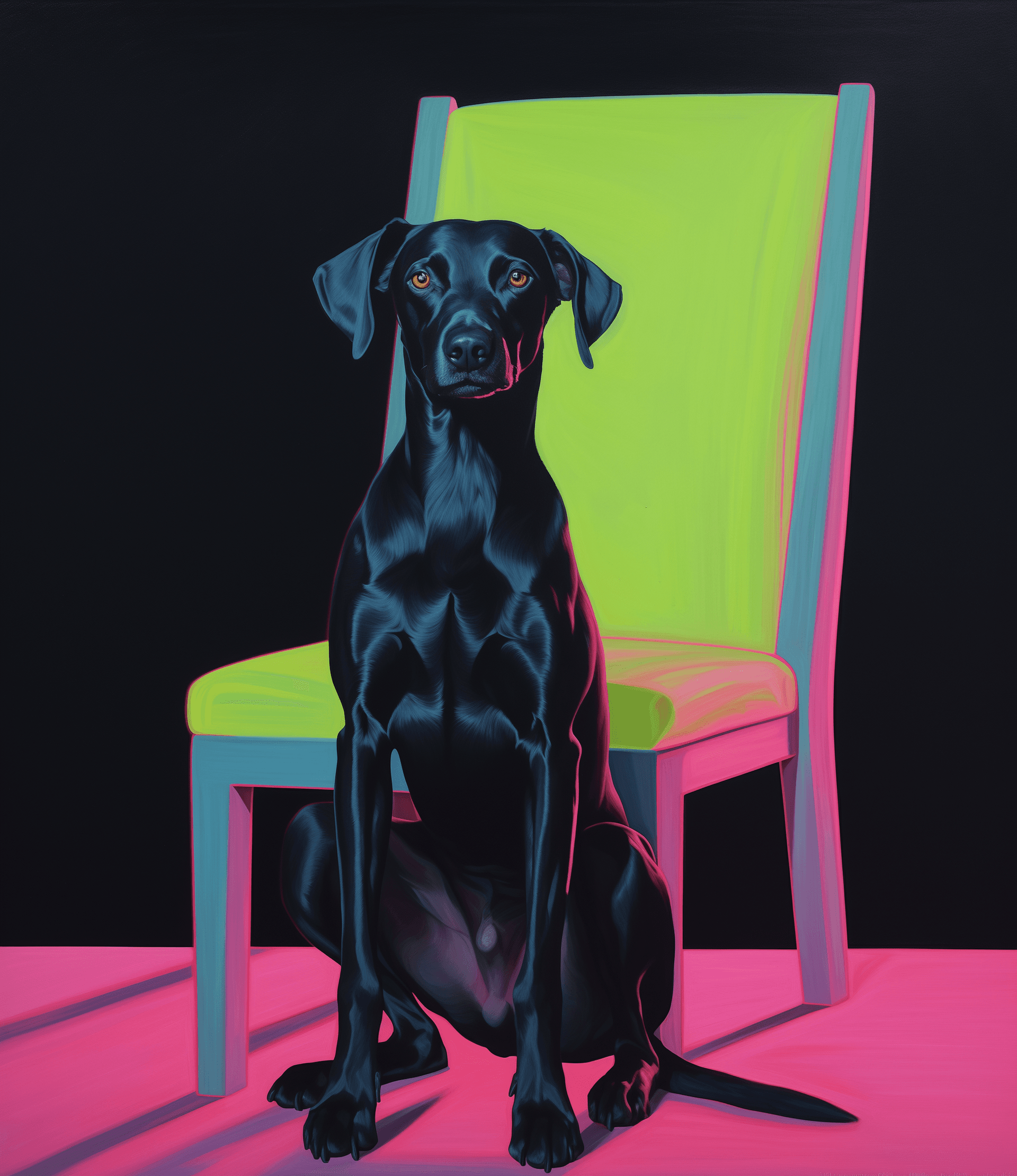 AI generated: A black dog sits on a pink chair against a green background with fluorescent neon lights in the scen...