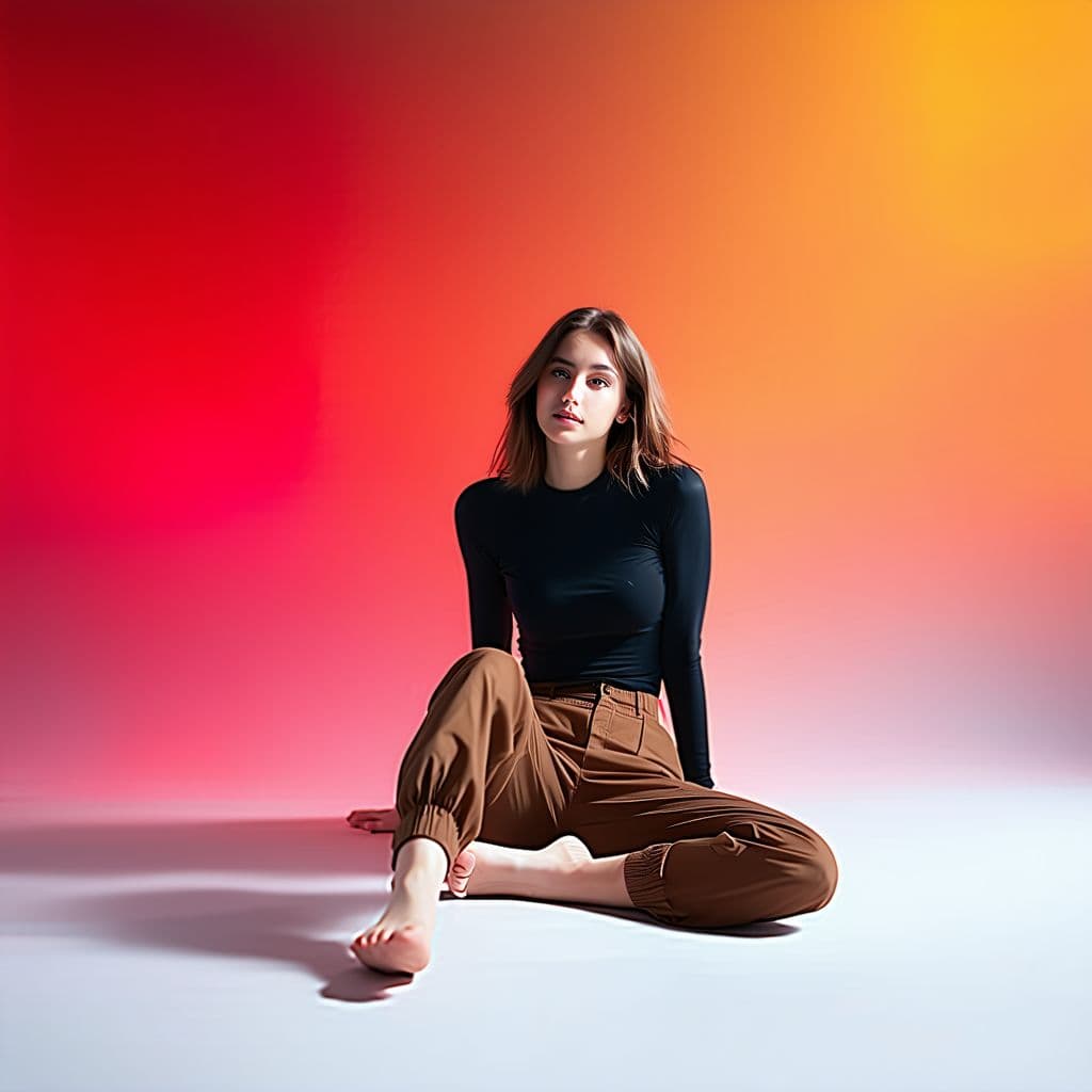 AI generated: wide and low angle, cinematic, fashion photography for the brand Uniqlo. Woman sitting on floor wear...