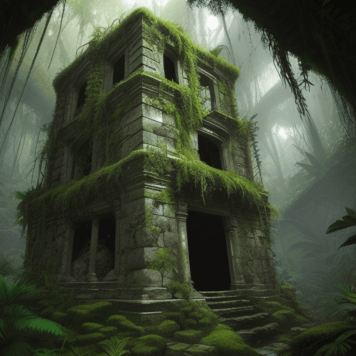 AI generated: an ancient jungle ruin hidden beneath thick foliage, with moss-covered stone walls, rocky cliffs, an...
