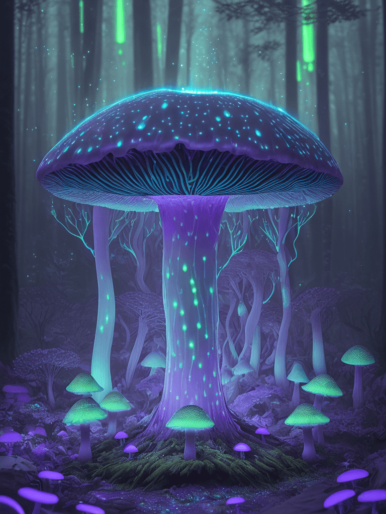 AI generated: neon glowing bioluminescent soft skinned mushroom with luminous forest backdrop, incredible detail, ...