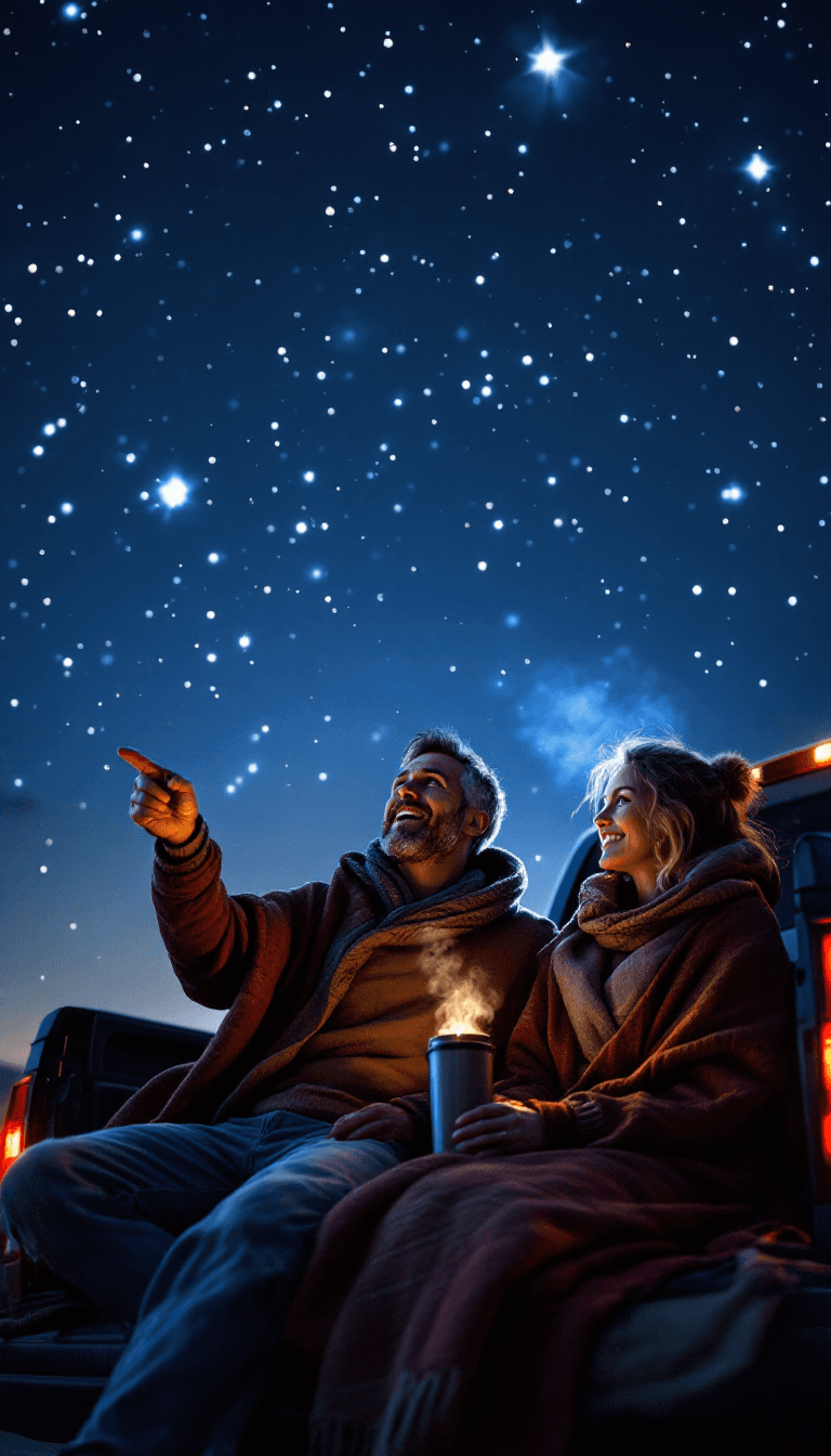 AI generated: A photorealistic scene of a couple in their early 40s sitting on the tailgate of a truck under a vas...