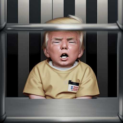 AI generated: photo of donald trump behind prison bars crying like a baby, wearing prison attire